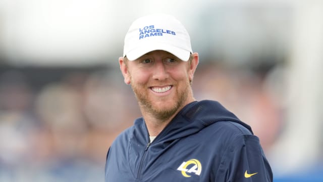 Jul 31, 2022; Irvine, CA, USA; Los Angeles Rams offensive coordinator Liam Coen during training camp at UC Irvine. Mandatory Credit: Kirby Lee-USA TODAY Sports